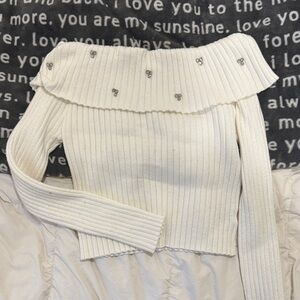 Sweet Rain Off-Shoulder White Sweater with Embellishments